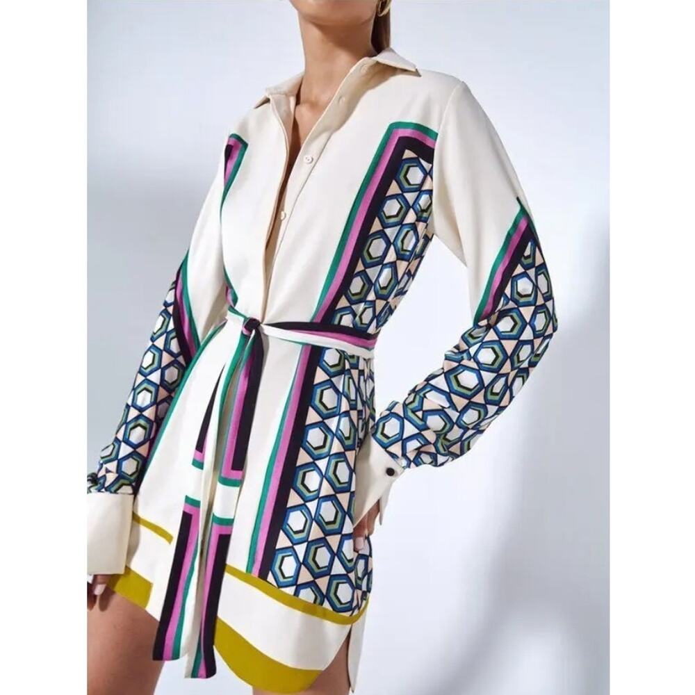 Alexis Stellar Long-Sleeve Shirt Mini Dress Belted Striped Sz M Cocktail Party